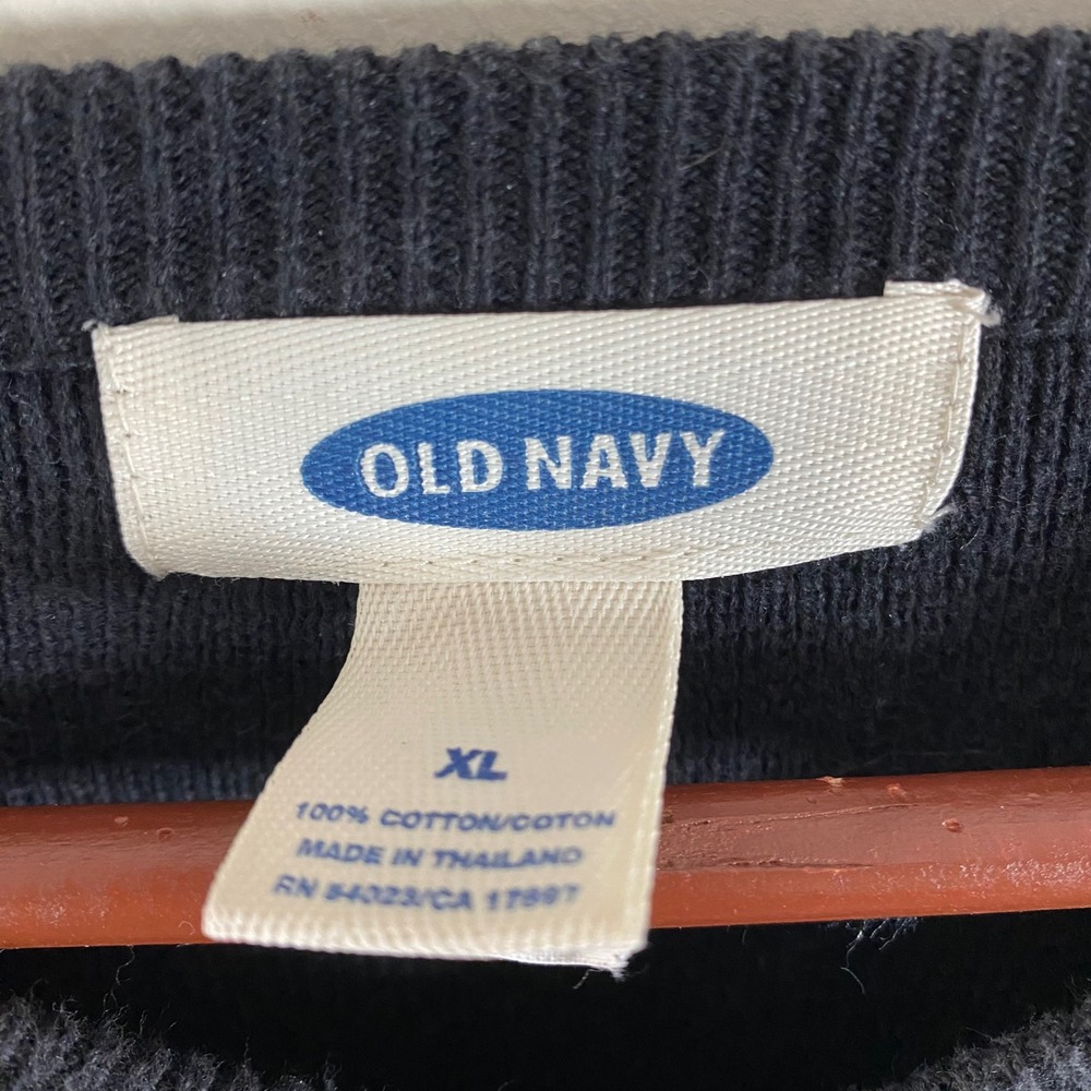 Old Navy Knit V-Neck Black Sweater White Gray Stripes Men's XL Cotton Grunge - Picture 6 of 6